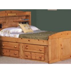 Full Size Captain Bed Frame With Storage- Natural Wood