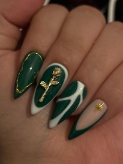 Medium stiletto press on nails green french tips gold rose
