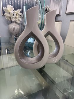 White and Silver Ceramic Open Loop Vases – Set of 2