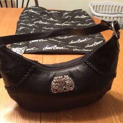 Laurel Burch black leather hobo purse with silver cats emblem