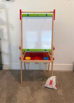 Hape Magnetic All in 1 Kids Height Adjustable Drawing Dry-Erase Chalkboard Wooden Artist Easel with 3 Paint Pots