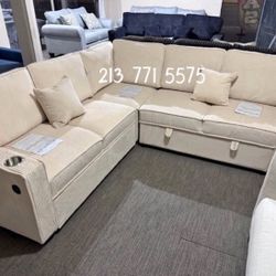 3-Pc Convertible Sectional With Pull-out Bed  Ivory Corduroy 