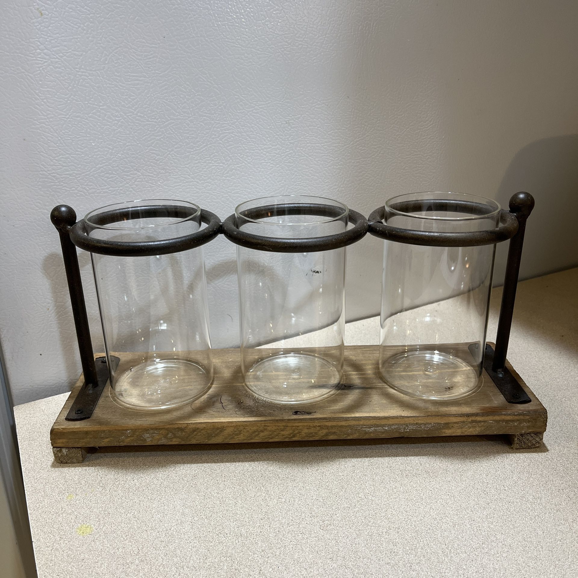 Three Glass Vases on Metal and Wood Stand Rustic Farmhouse Home Decor