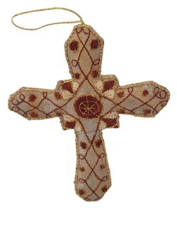 Gold Red Fabric Hanging Cross Ornament Geometric Pattern Religious Decor Vintage. This vintage ornament is a stunning addition to any religious decor