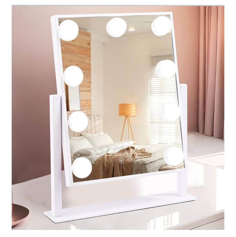 Vanity Mirror with Lights, Hollywood Lighted Makeup Mirror with 9 Dimmable Bulbs & 3 Color Lighting Modes, Detachable 10x Magnification, 360°Rotation,