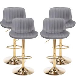 Gold Bar Stools Set of 4，Adjustable Modern Counter Height Stools with Backs,Upholstered Velvet Swivel Bar Chairs for Kitchen Island, Pub, Cafe (Grey)