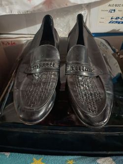 Black Leather Woven Penny Loafers