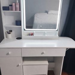 (IRONCK Vanity Desk with LED Lighted Mirror & Power Outlet, Makeup Table with Drawers & Cabinet, Storage Stool