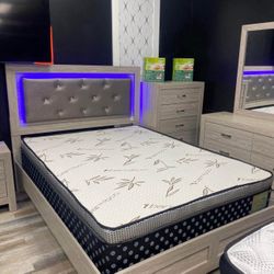  🛌 Queen Mattress Come With Bed Frame (Headboard & Footboard) With Light 💡 + Box Spring – Ready for Delivery Today!
