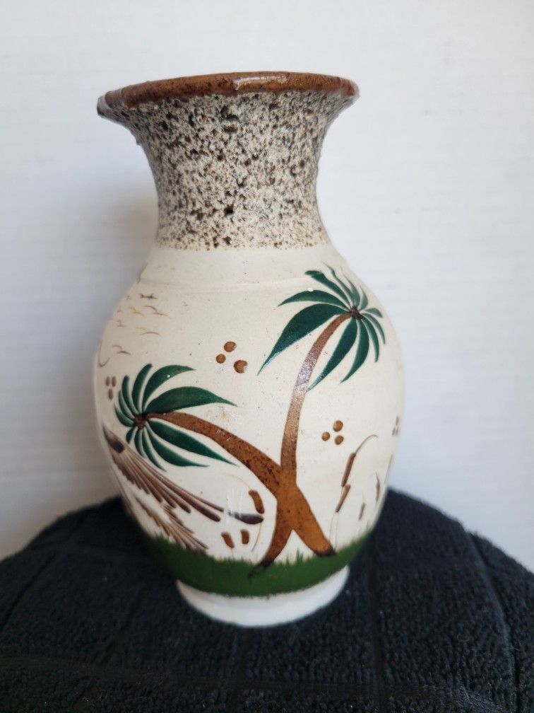 Hand Painted Tonala Sandstone Mexico Lava Glaze Vase Bird with Palm Trees 6"