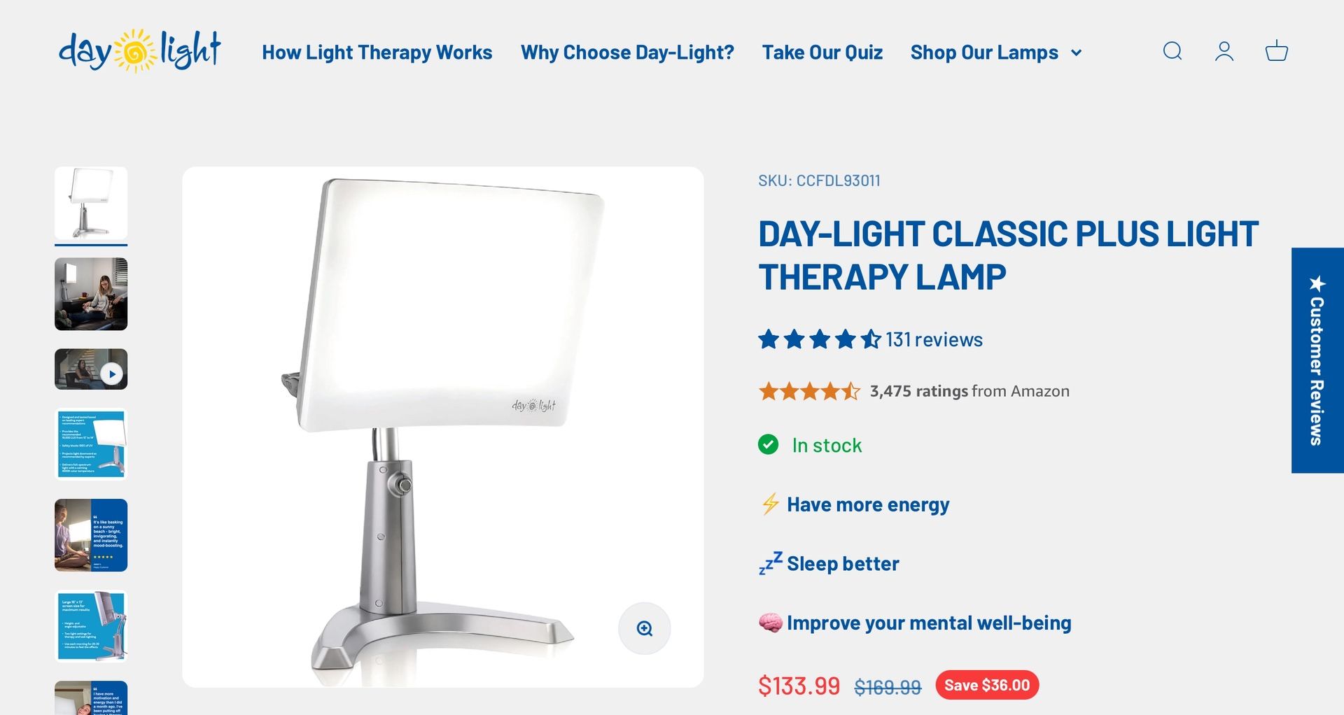 Day-Light Classic Plus Sunlight Therapy Lamp - 10000 LUX Therapy Lamp at 12 Inches, LED Bright White Light with Adjustable Height and Brightness