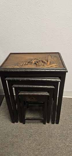 Carved Set Of 4 Hardwood Glass top Nesting Tables