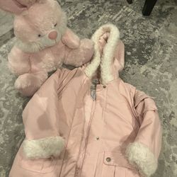 Osh kosh pink Kids hoodie jacket coat and pink bunny plush-M/5-6