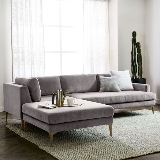 West Elm Andes Sectional Couch in Grey Velvet