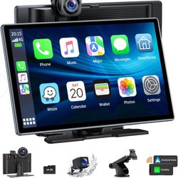 Wireless Carplay & Android Auto with 4K Dash Cam, 9 Inch Portable Apple Carplay Screen with 1080p Backup Camera, Car Audio Receivers with GPS Navigati