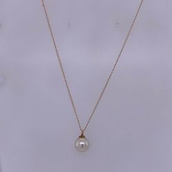 14K Yellow Gold Rolo Link Necklace With Round Pearl Stone Pendant 