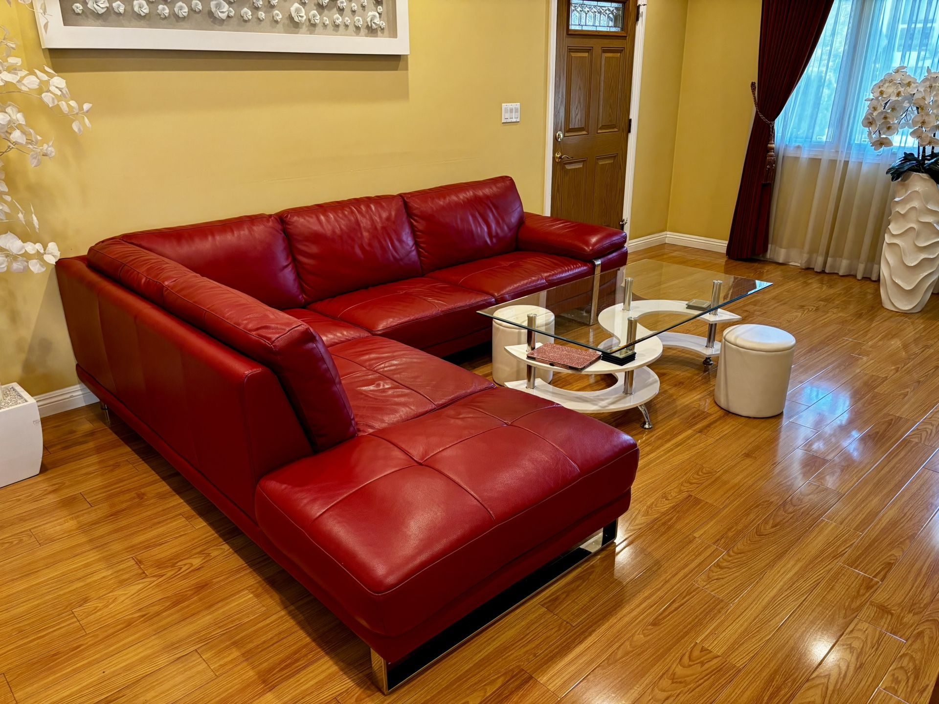 For Sale: Stunning set of luxury Italian leather couches in a bold, beautiful red—elegant, eye-catching, and exceptionally comfortable. These pre-owne