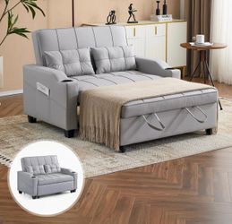 VINGLI Light Grey Futon Sofa Bed Convertible Loveseat Sleeper Couch, Faux Leather Pullout Sofa Fold Out Couch Bed with USB Ports, Cup Holders, Armrest