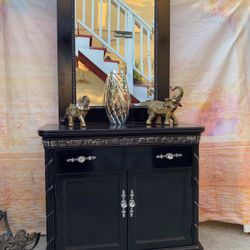 Vintage Style Tall Mirror Colors Black And Silver With Crystal Rhinestones Has Been Refurbished 