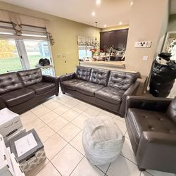 Brown Leather Faux Couch Set (sofa, Love Seat And Single Chair)