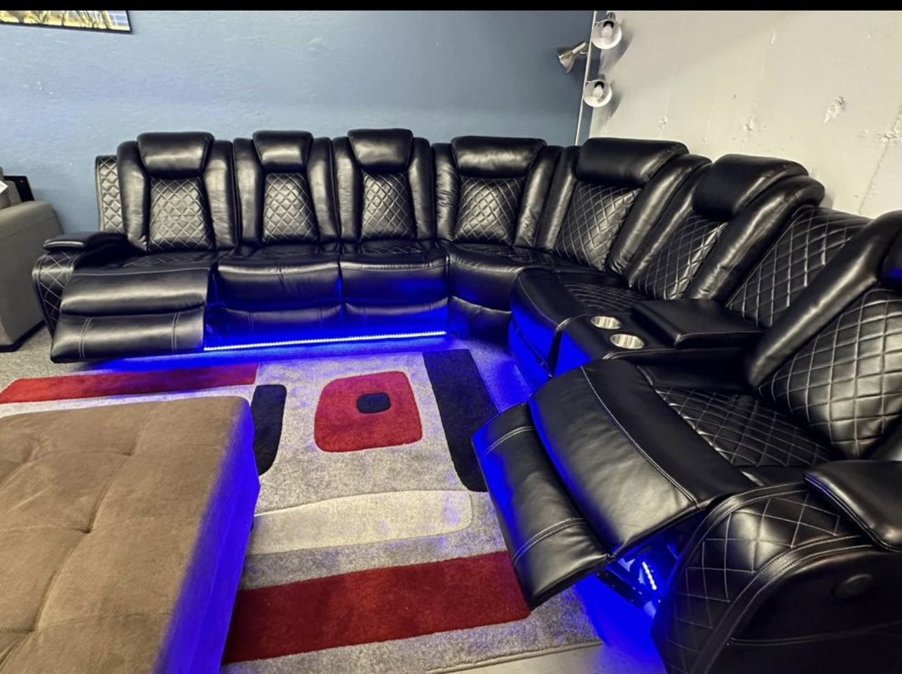 Power Electric Black Leather Fully Reclining Sectional Couch