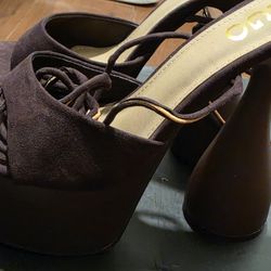 Chunky Brown Heels with Straps Size 9