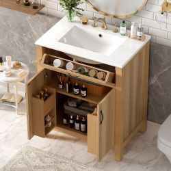 NEW Natural 30" Wood Bathroom Vanity with Solid Wood Frame, 2 Soft Close Doors,1 Flip Drawer, Adjustable Shelf, Modern Storage Cabinet