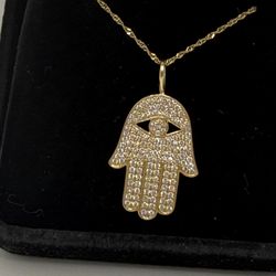 14K Gold Diamond HAMSA Hand Pendant