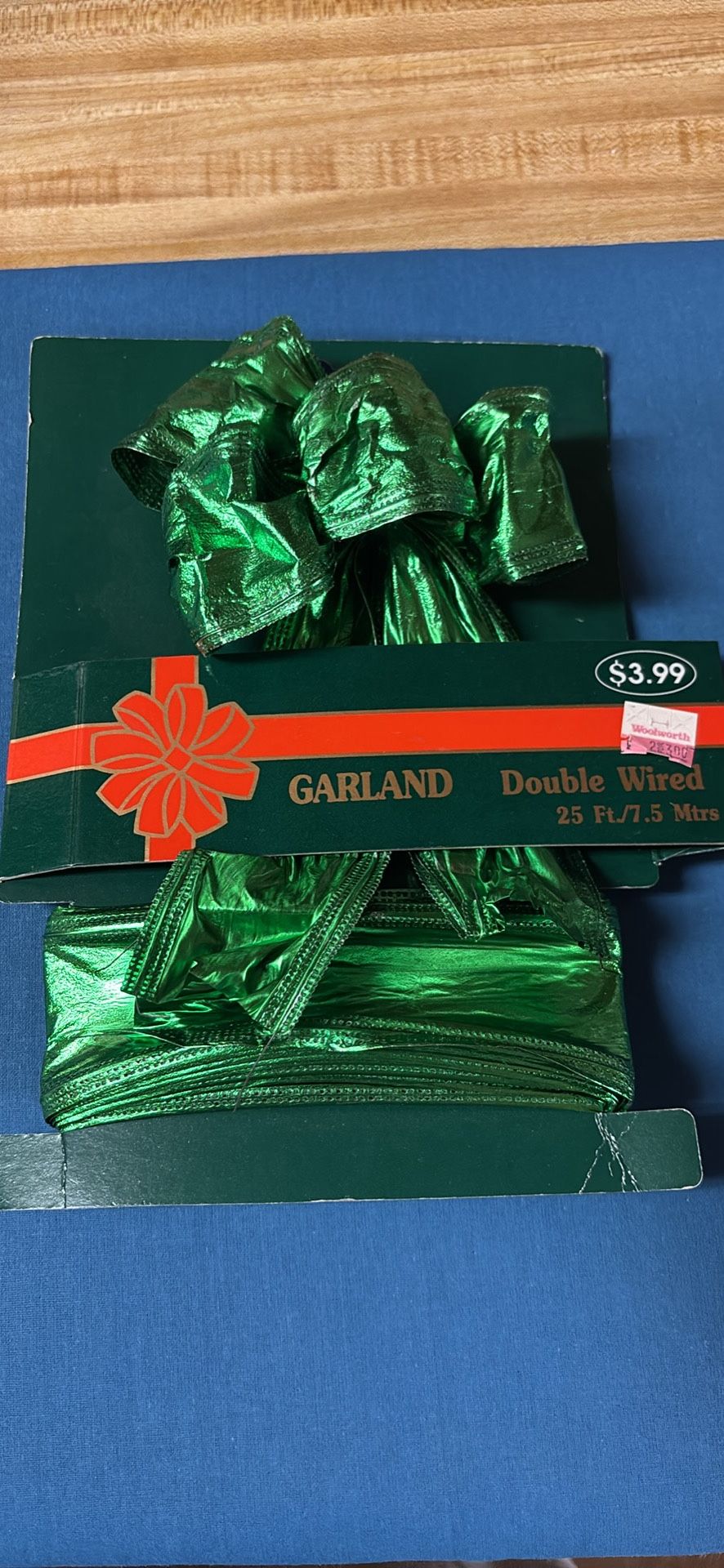 Vintage Bright green foil garland double wired 25 feet original package purchased at Woolworth’s