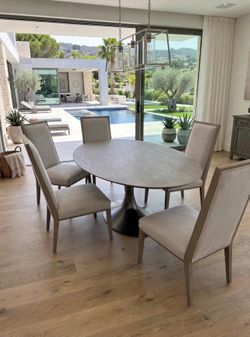 Restoration Hardware Aero Wood and Metal Pedestal Dining Table