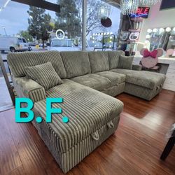 ♻️ Sofa Bed with Double Chaise, Smoke Gray Color, Corduroy Fabric,  New in the Box.