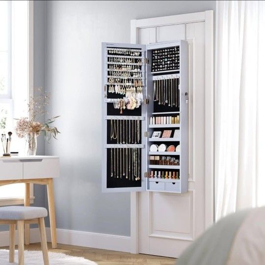 Mirror Jewelry Cabinet, 47.2-Inch Tall Lockable Wall or Door Mounted Jewelry 🌟🌟✨✨☝️