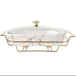 Jinsongdafa Ceramic Casserole Dish With Glass Lid And Rack, 1.3 Quart Serving Soup Tureen,Chafing Dish For Buffet, Family Food Preserve Tray, Catering