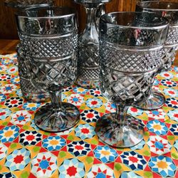 Mid Century Modern Anchor Hocking Diamond Cut Wexford Wine or Water Goblets-set 8