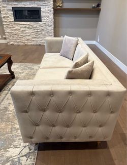 Beige Tufted Velvet Sectional Sofa