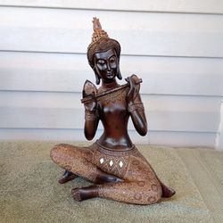 Bronze Seated Playing Flute Thai Figurine Buddha Statue 13.5” H. Beautiful statue.