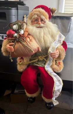 Santa Claus Sitting Figurine Red Outfit w/ Glasses, Gift Bag, Scroll List