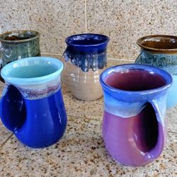 5 Neher  Clay in Motion Signed Pottery Mugs ~ Hand Warmer ~ 4 Right-Handed ~ 1 Left-Handed