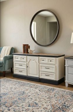 Two-Tone off white & Natural Wood Long Dresser / Buffet Console