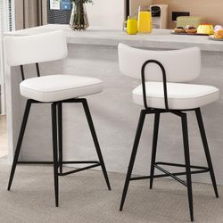 Swivel Counter Height Bar Stools Set of 2, 26" Leather Swivel Bar Stools with Backs, Metal Legs, Modern Stools for Kitchen Counter, White