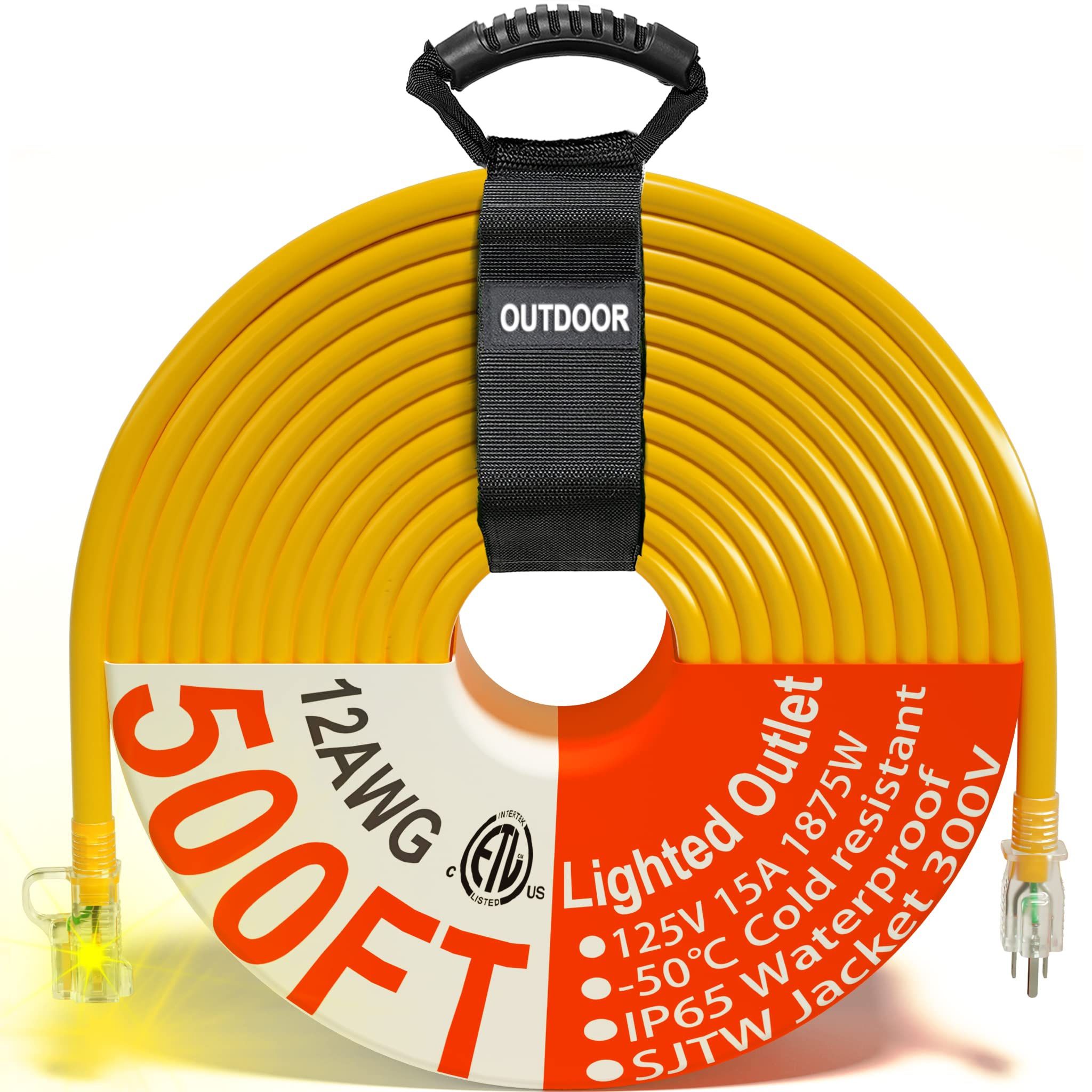 500 Ft Outdoor Extension Cord Waterproof 12/3 Gauge Heavy Duty With Lighted End, Flexible Cold-Resistant 3 Prong Electric Cord Outside, 15Amp 1875W 12