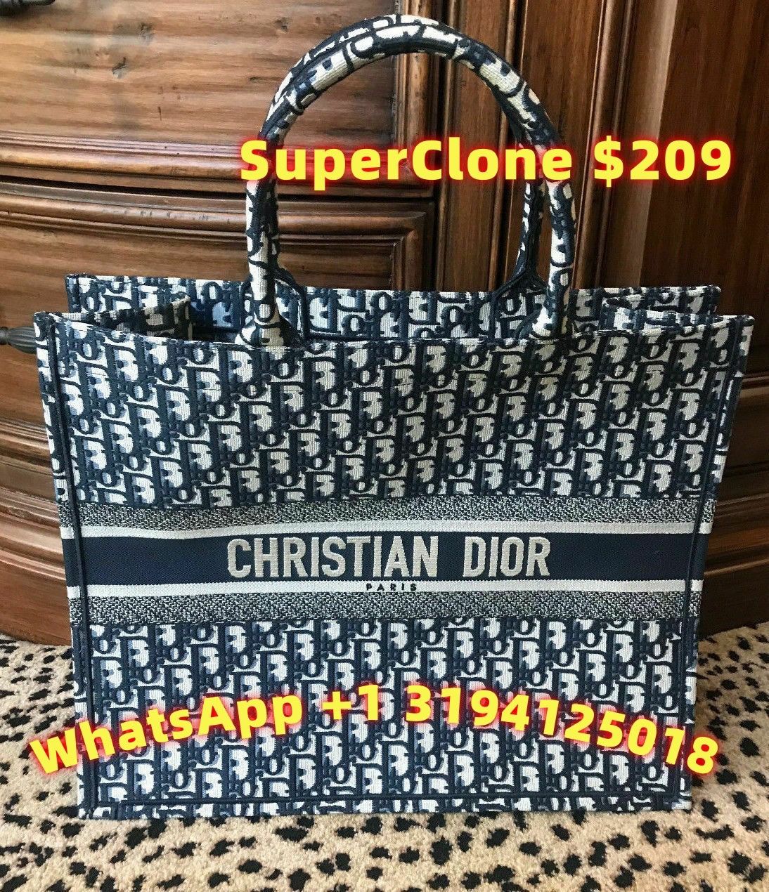 Dior - Large Dior Book Tote Ecru and Blue Dior Oblique Embroidery