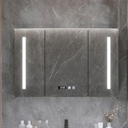 36"x26" Smart Medicine Cabinet w/ LED Light Mirror, Time Temperature Display w/ Storage Solid Wood 