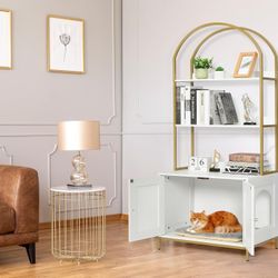 Cat Litter Box Enclosure, Litter Box Furniture Hidden with 2-Tier Storage Shelves, Wooden Cat Washroom Furniture with Metal Frame, Cat House, Modern S