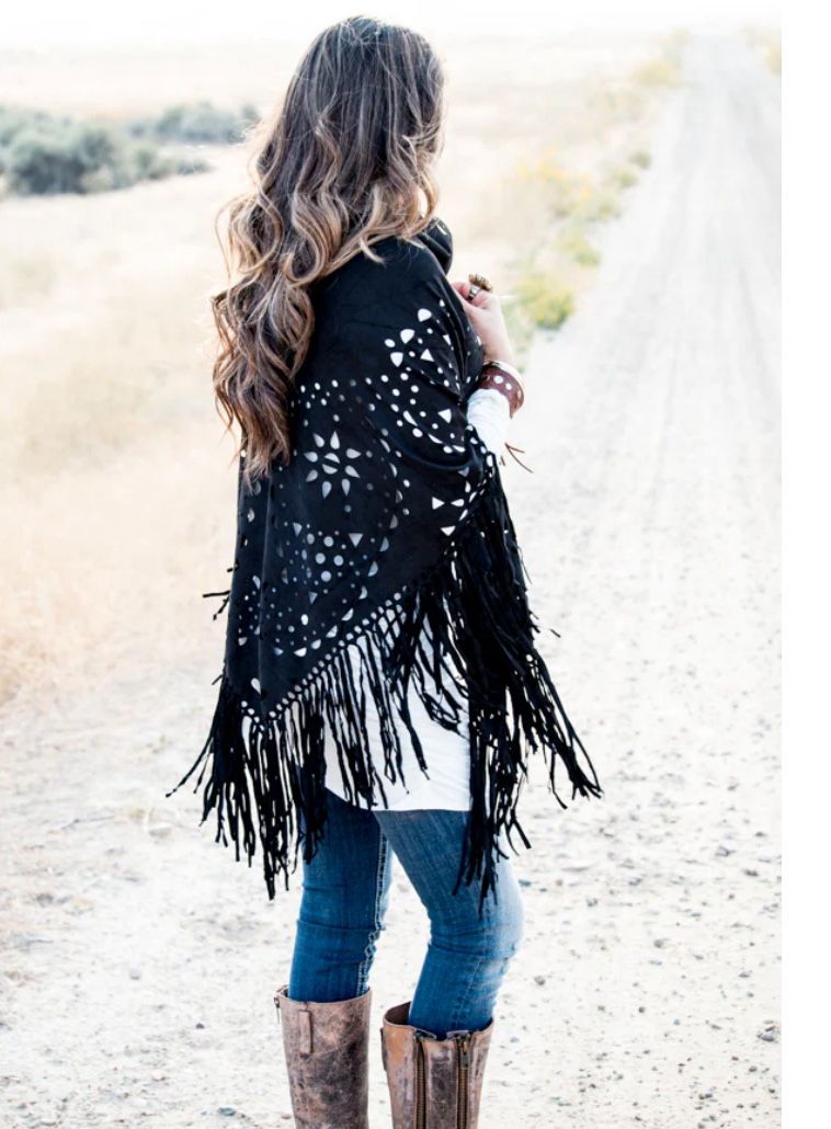 Flowy Ultra suede shawl, shawl, wr ap, Black, f ringed, Piano scarf, Extra long f ringe