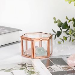 Hipiwe Vintage Glass Jewelry Box - Golden Hexagonal Jewelry Display Organizer Keepsake Box Home Decorative Box Case for Storage Trinket Ring Earring C