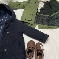 2 Toddler Jackets 1 Pair Shoes Sz 5, Blue Osh Kosh Sz 5T, Green Carters Sz 3T