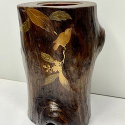 Antique Japanese Meiji Wood & Copper Ikebana Log Vase  11 Inches Tall 