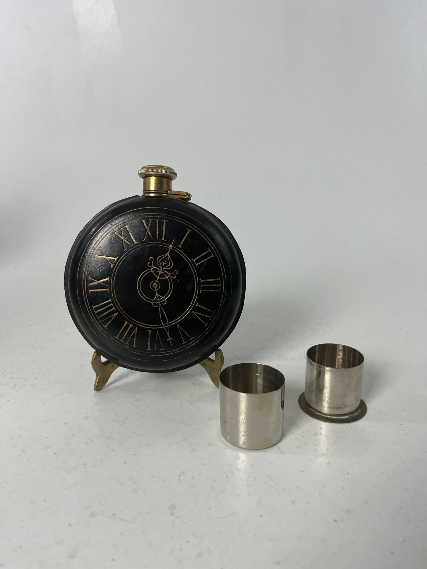VTG AHS Tin Lined Hip Flask W/Shot Glass Pocket Watch Clock Leather 6oz Germany Very good vintage condition - does have marks from age use or storag