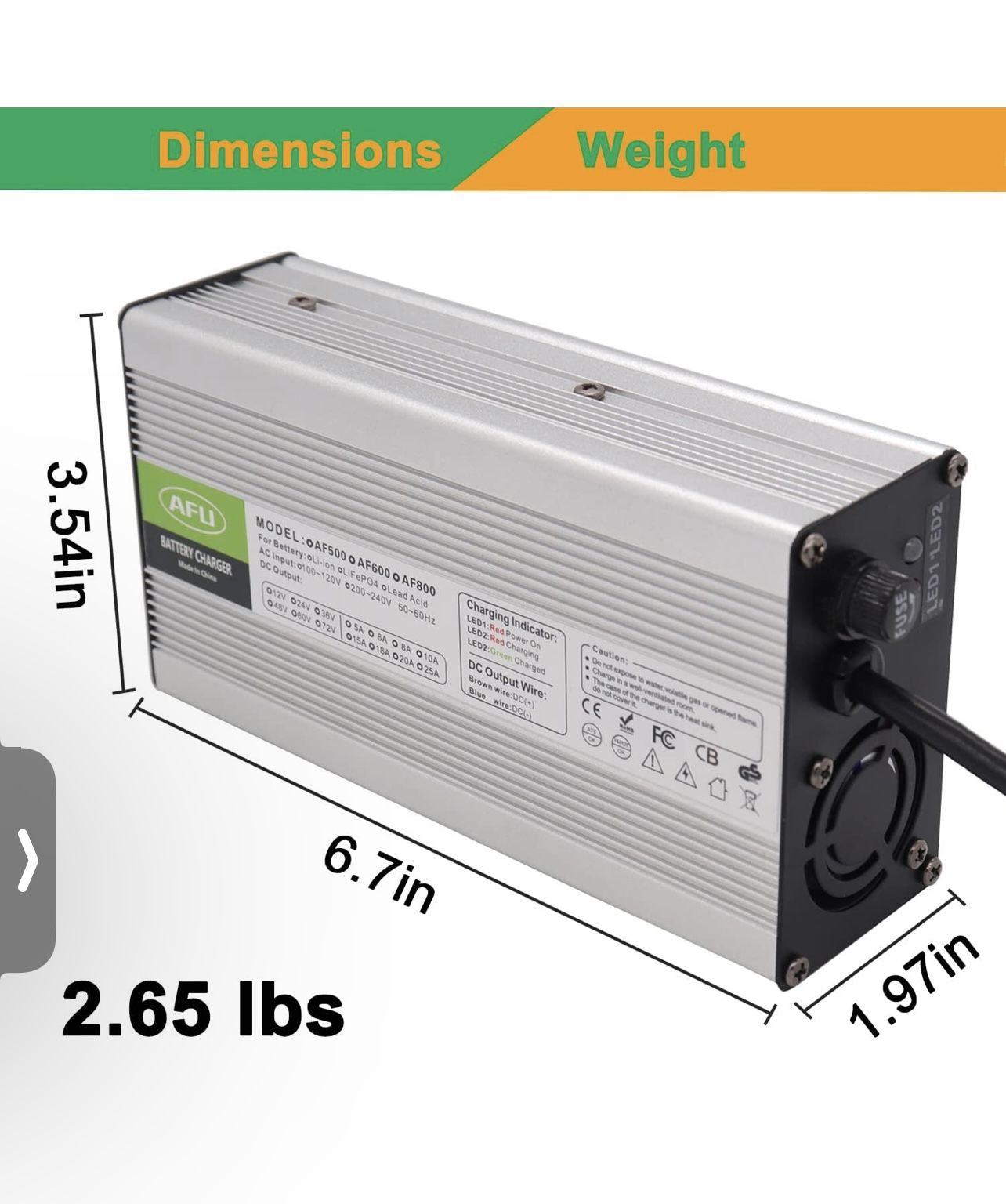71.4V 5A Charger 60V Li-ion Battery Charger Silver Aluminum Case Output C13 N+L- Connector Used for 17S 60V Lithium Battery
